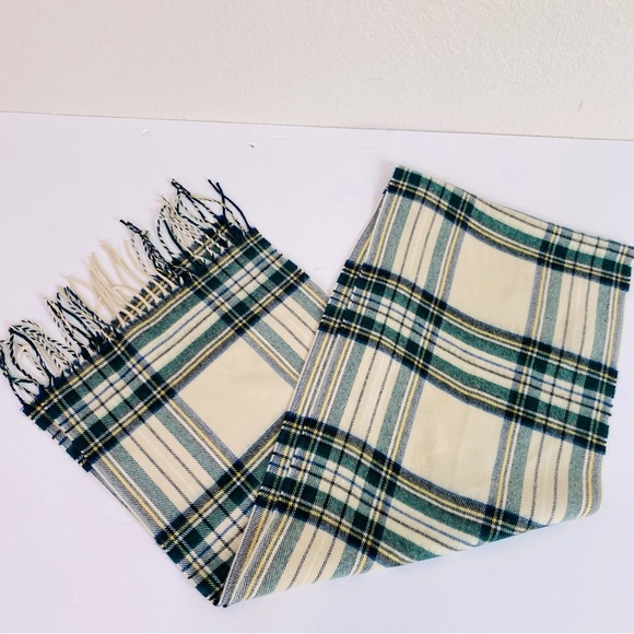 Cashmere Cream/Green Tartan Plaid Scarf 12” x 64” - Picture 1 of 4